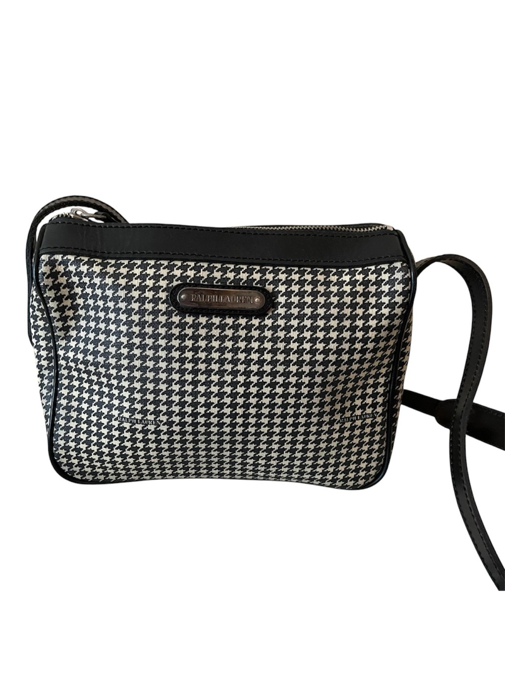 Vtg Ralph Lauren Houndstooth Crossbody Bag Blk White Coated Canvas Leather Trim